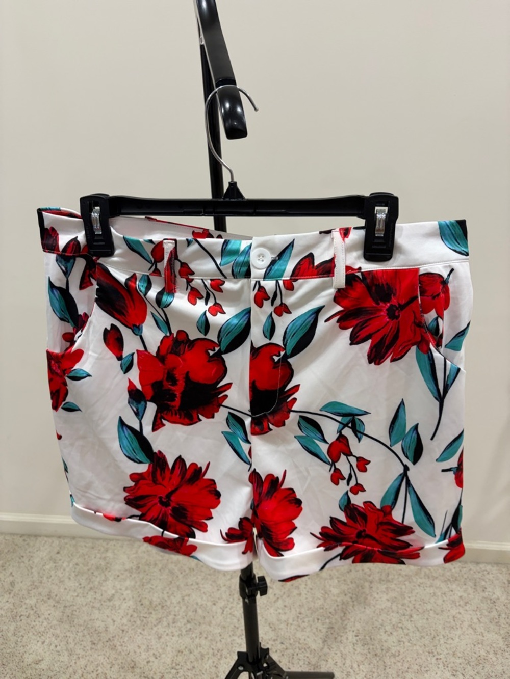 White Floral Shorts with Red Blooms and Teal Leaves